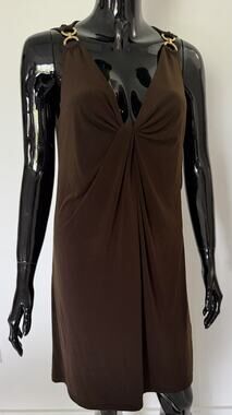 Michael Michael Kors Dress M Brown Gold Logo Ring Draped V Neck Sleeveless